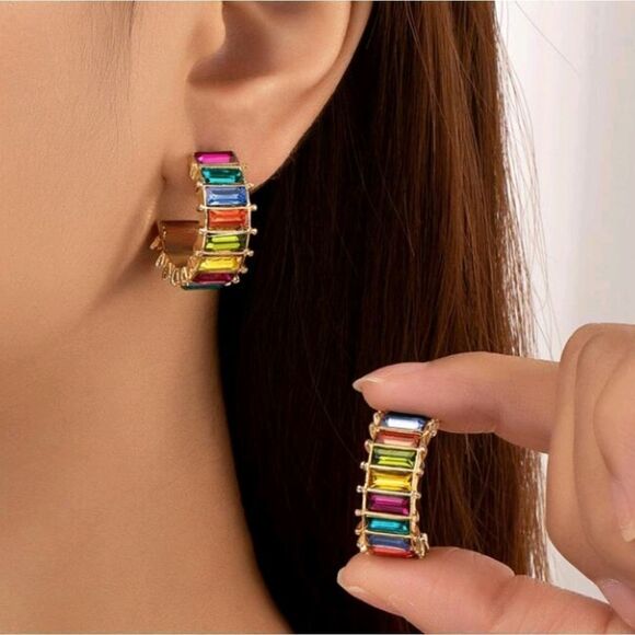 Jewelry - Colorful Geometric C-Shaped Rhinestone Hoop Earrings